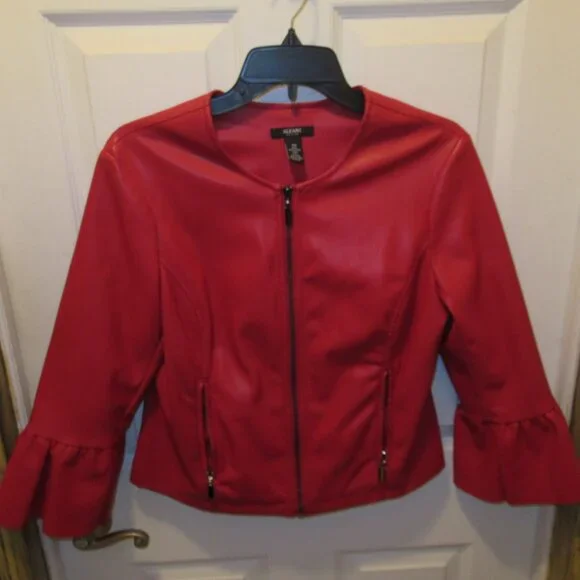 Red Faux Leather Pleather Jacket Collarless Ruffle Sleeve Alfani Petite Medium - Picture 8 of 10